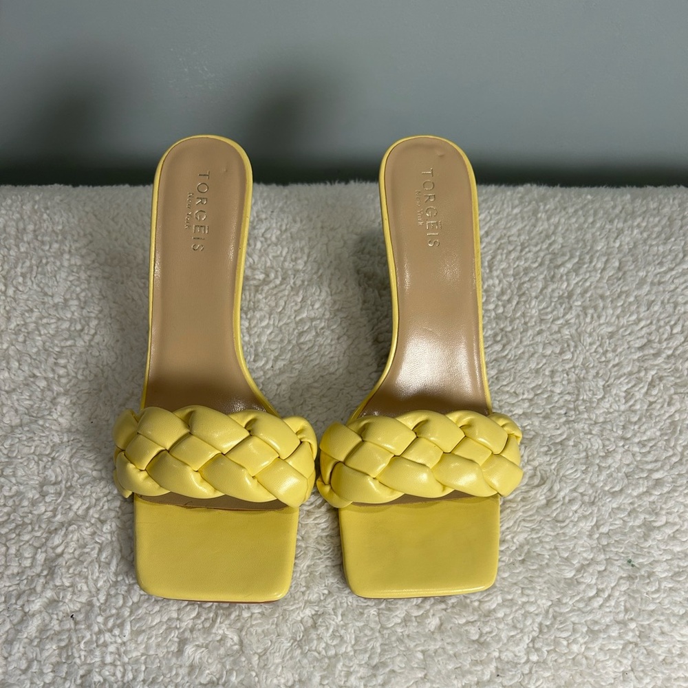 TORGEIS Maraca Open Toe Heels Yellow Braided Size 10 - Picture 9 of 15